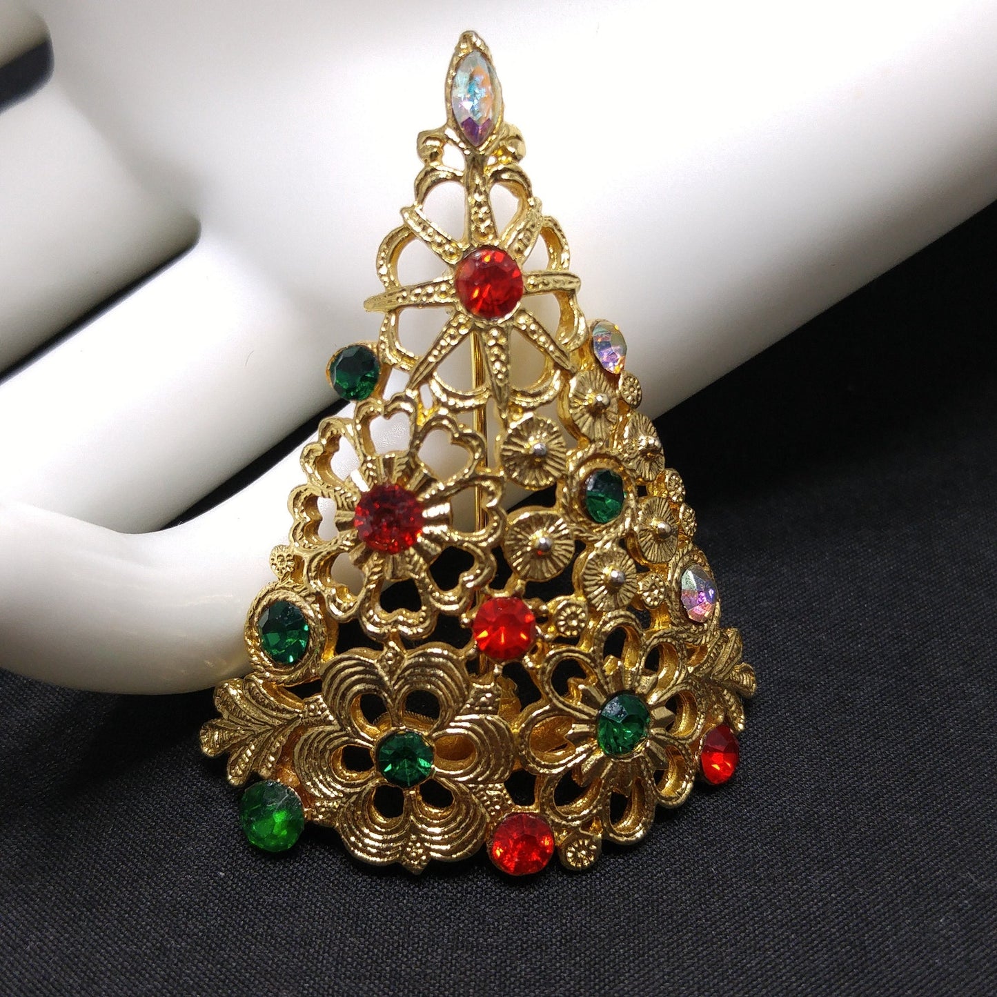Mylu Christmas Tree Brooch, Gold Plated Floral Rhinestone Pin, 1960s Vintage Holiday Jewelry