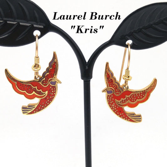 Vintage Laurel Burch "Kris" Red Bird Earrings, Cloisonne Enamel, Gold Plated
