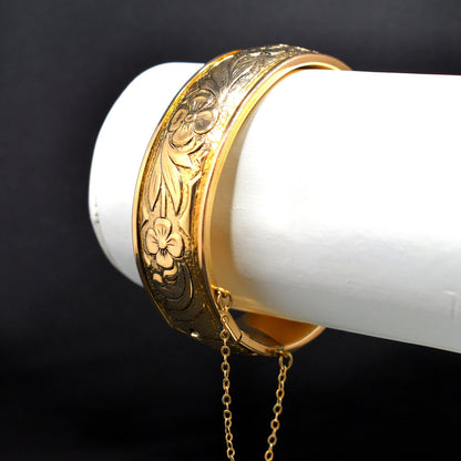 Vintage 1933 S.O. Bigney 1/20 10K Gold Filled Floral Hinged Bracelet w Chain