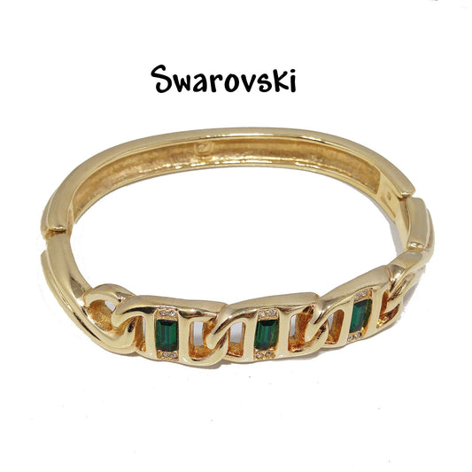 Vintage Swarovski Gold Bracelet – Green & Clear Rhinestones, Swan Logo, 1980s