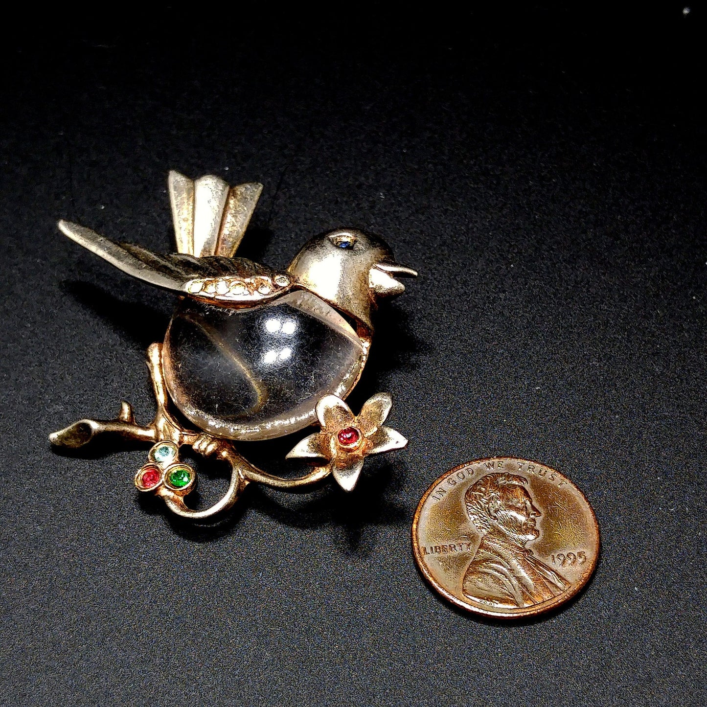 Sterling Silver Clear Lucite Bird Brooch, Jelly Belly Pin, 1940s Vintage Jewelry