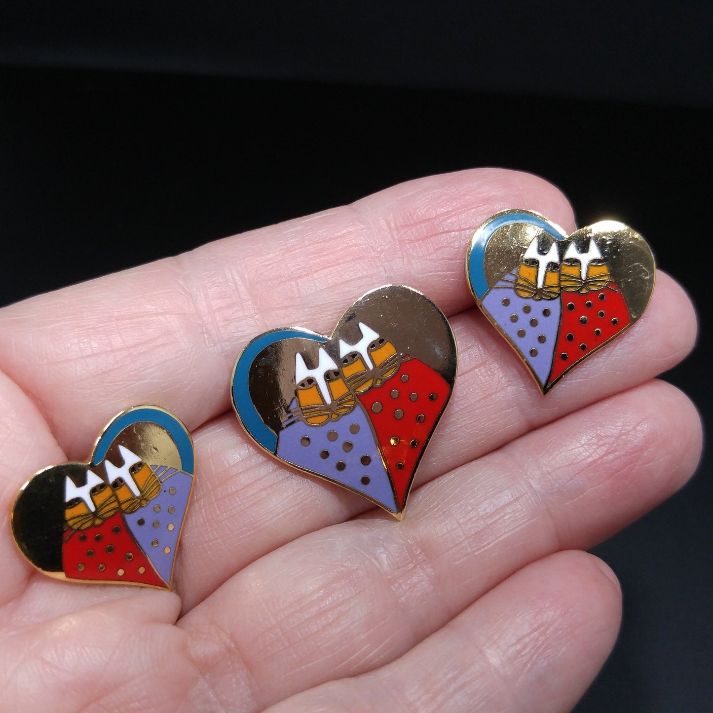 Laurel Burch "Valentine Cats" Brooch & Earrings, Gold Plated, Cloisonné Enamel, 1980s Vintage Jewelry