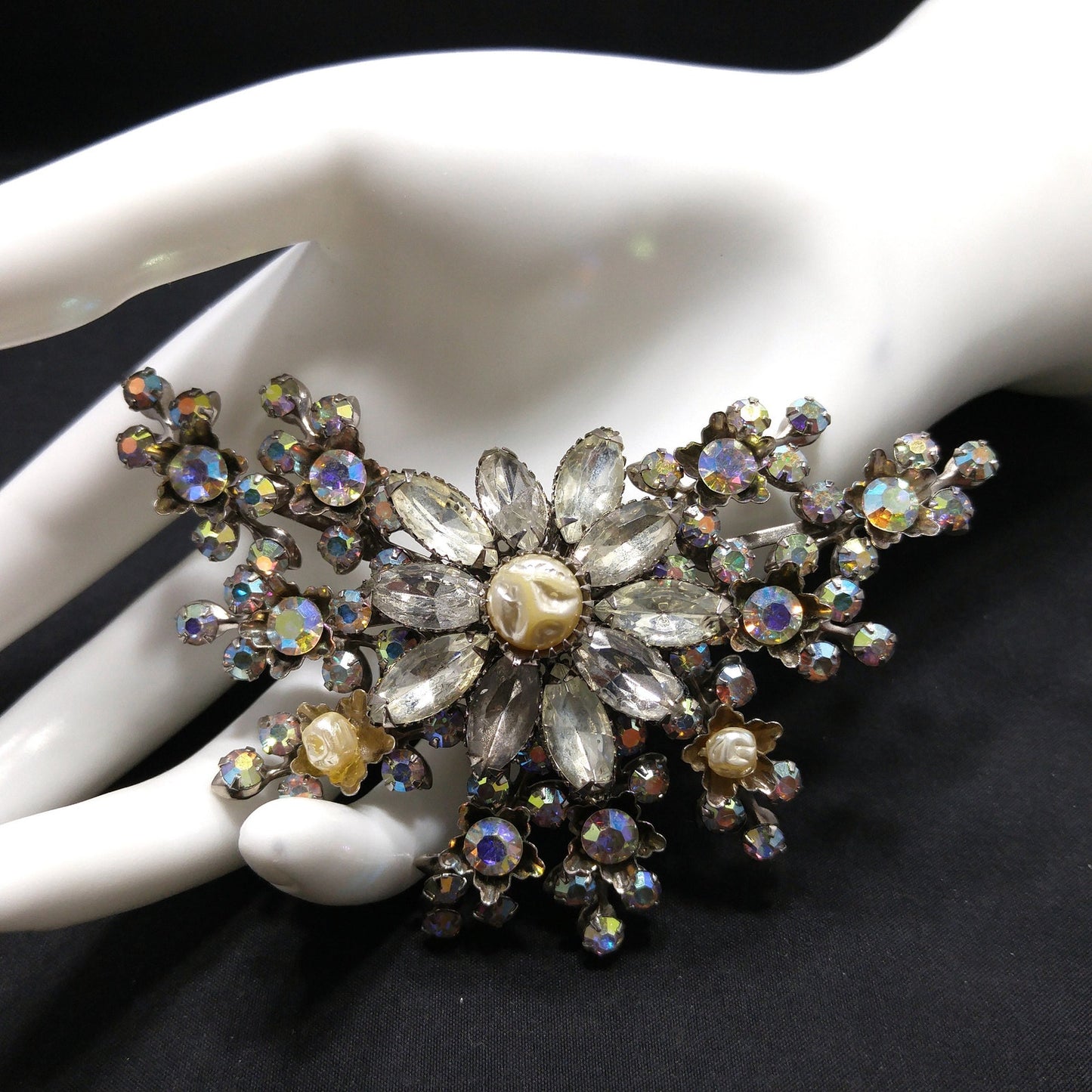 Judy Lee Signed Large Floral Brooch Rhinestone Faux Pearl AB Silver Tone 1950s