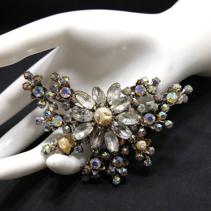 Judy Lee Signed Large Floral Brooch Rhinestone Faux Pearl AB Silver Tone 1950s