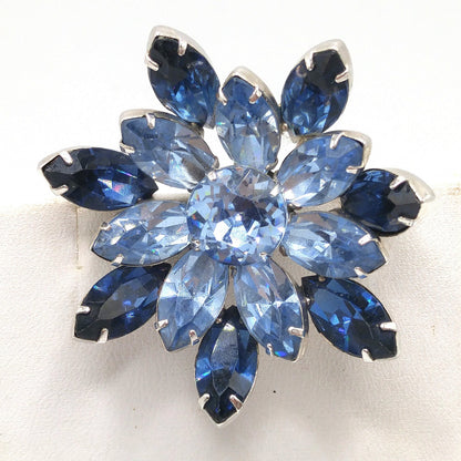Kramer Blue Rhinestone Brooch Earrings Set, Light Dark Blue, Rhodium Plated, 1960s Vintage Jewelry
