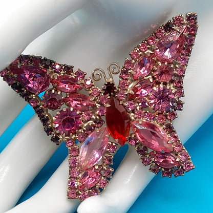 Vintage Weiss Butterfly Brooch, Pink Red Rhinestones, 1950s Jewelry