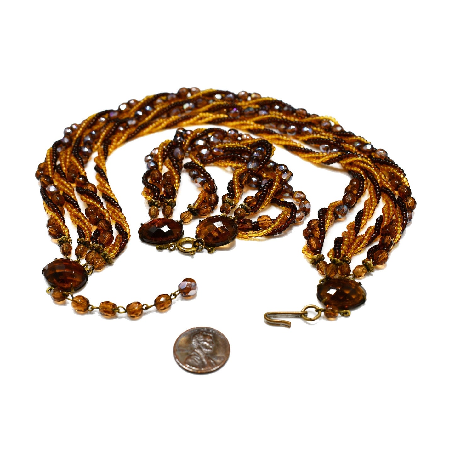 Vintage Czech Beaded Necklace & Bracelet Set, Topaz Fire Polished Beads, 1950s