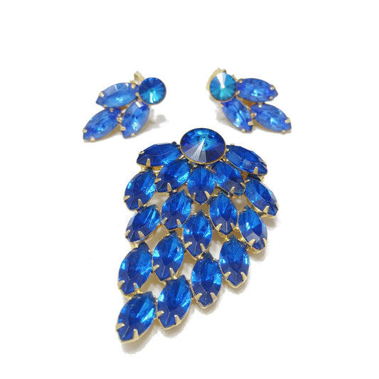 Mid Century Blue Rivoli Brooch & Earrings, Gold Plated, 1960s Vintage Jewelry
