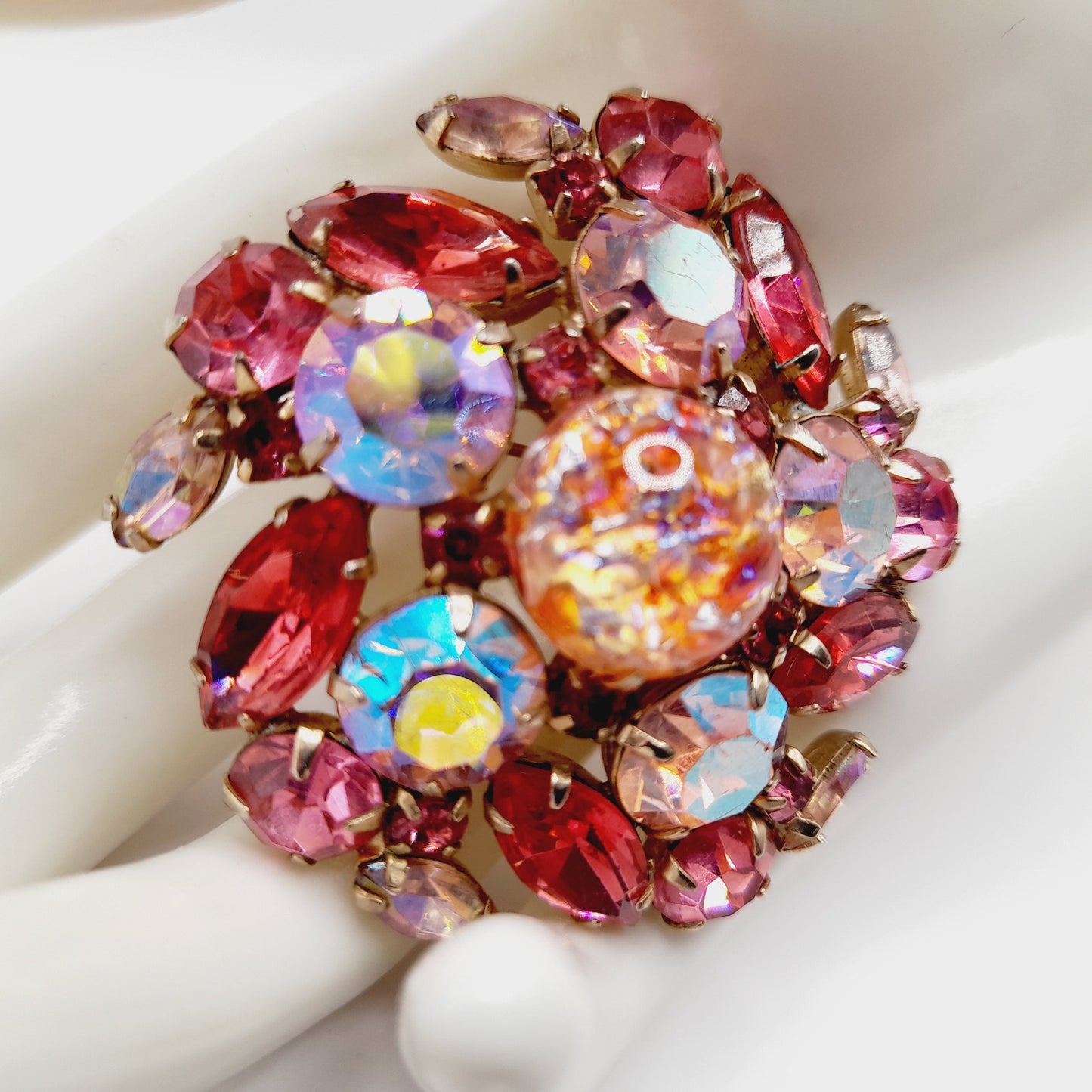 Vintage Pink Rhinestone Brooch, Dragon’s Breath Glass, Gold Tone, 1950s