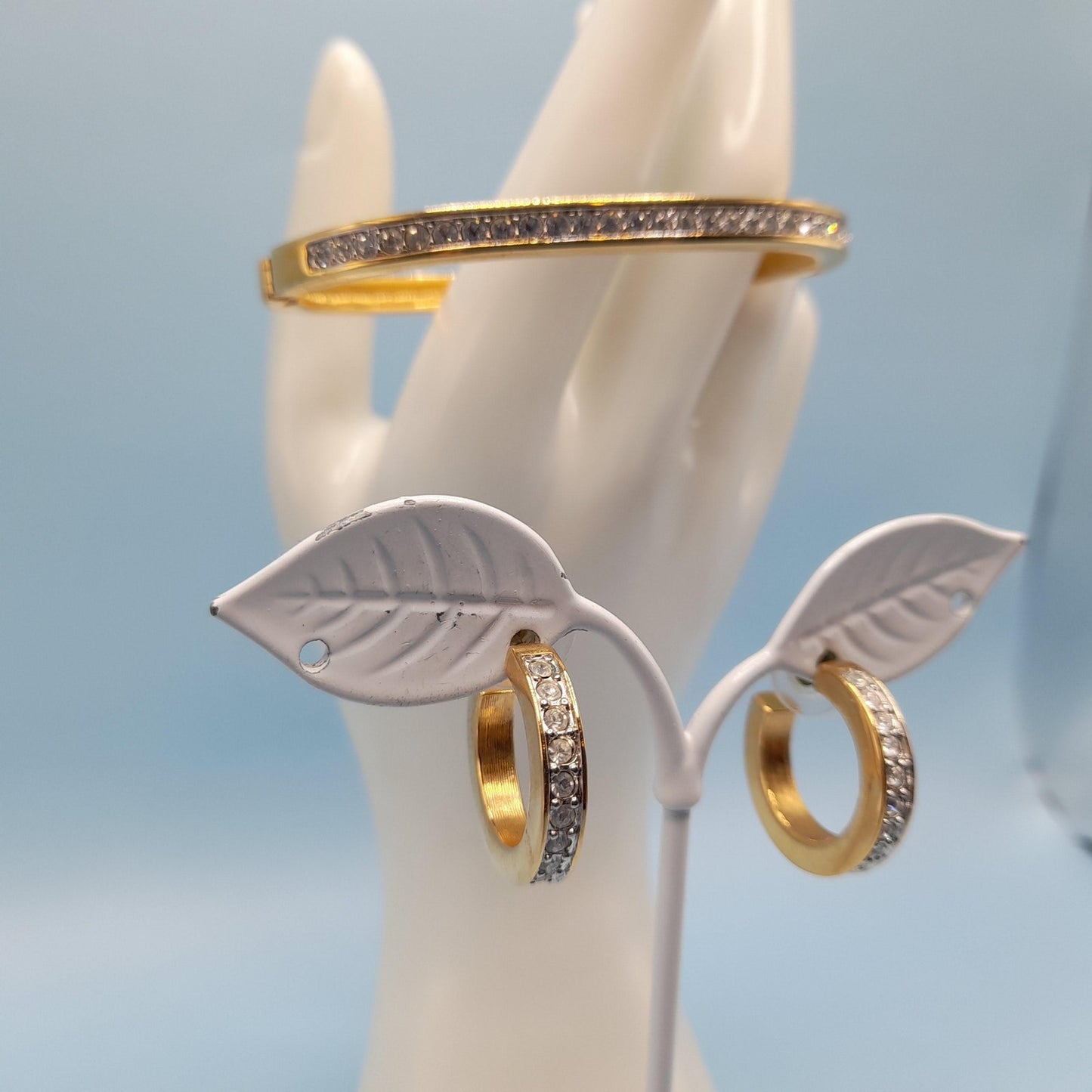 Vintage Swarovski Rhinestone Hinged Bracelet Hoop Post Earrings Set, Gold Plated, Swan Logo