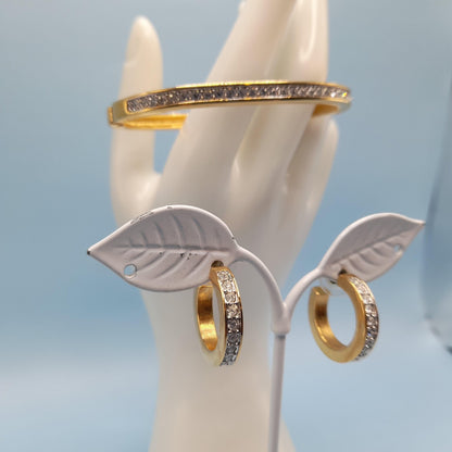 Vintage Swarovski Rhinestone Hinged Bracelet Hoop Post Earrings Set, Gold Plated, Swan Logo
