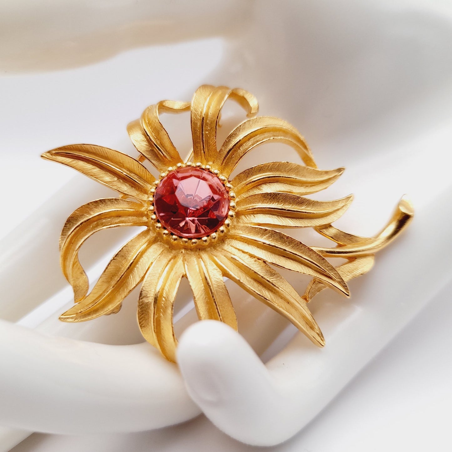 Vintage Trifari™ Flower Brooch with Pink Rhinestone Center