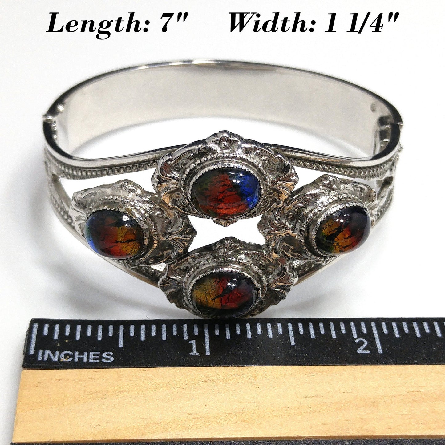 Whiting & Davis Cuff Bracelet, Gold Foil Rainbow Cabochons, Rhodium Plated, 1970s Vintage Jewelry