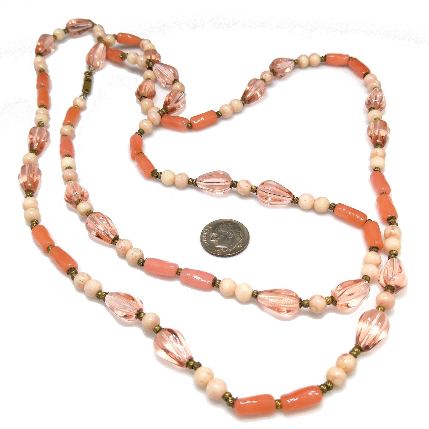 Miriam Haskell Pink Art Glass Bead Necklace 44” Long Vintage 1940s Signed