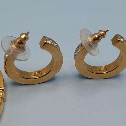 Vintage Swarovski Rhinestone Hinged Bracelet Hoop Post Earrings Set, Gold Plated, Swan Logo