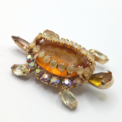 Turtle Brooch, Juliana Style Open Back Rhinestones, Gold Plated, 1960s Vintage Jewelry