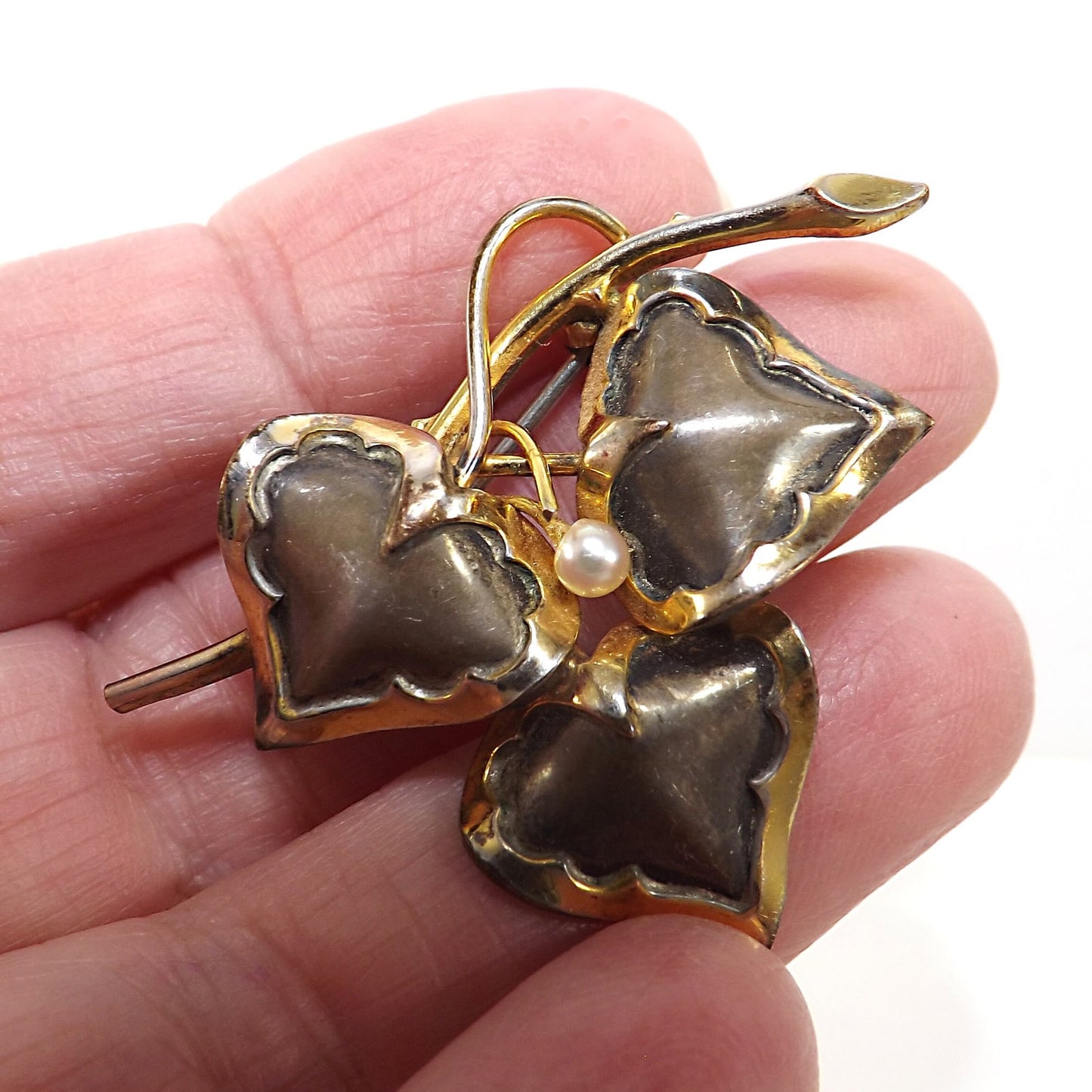 Vintage CREED Sterling Silver Floral Brooch with 12K GF & Pearl, Mid-Century