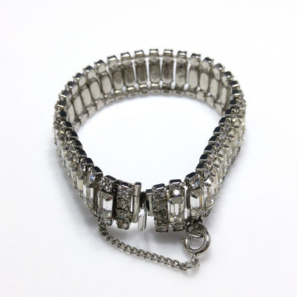 Vintage Weiss Clear Rhinestone Bracelet, Rhodium Plate, Safety Chain, 1950s