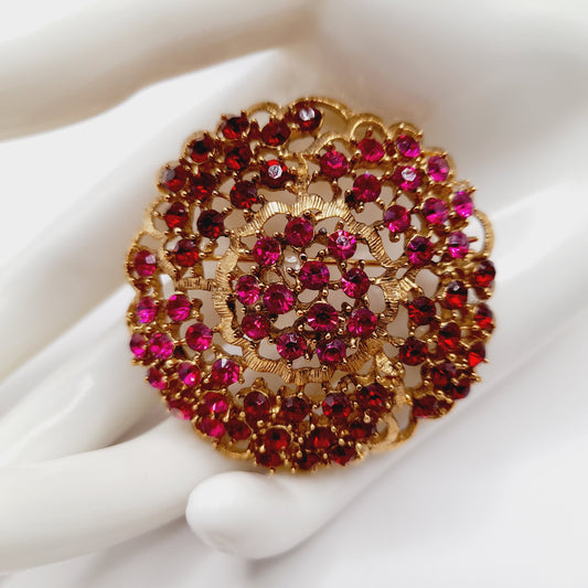 Vintage WEISS Red & Pink Rhinestone Gold Tone Flower Brooch 2 Inch