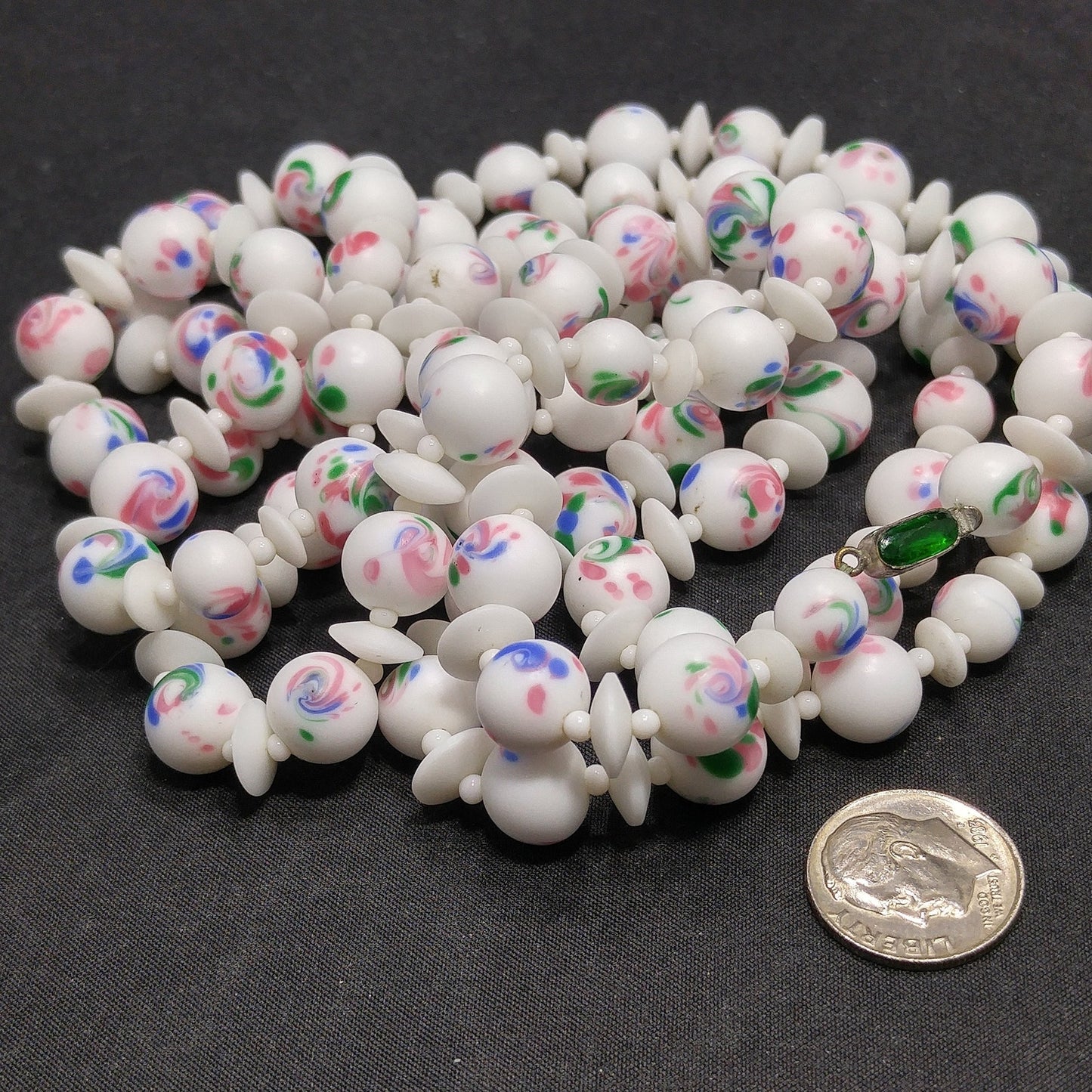 Czech Hand Painted Floral Ceramic Beaded Necklace, 48 Inches, 1930s Vintage Jewelry