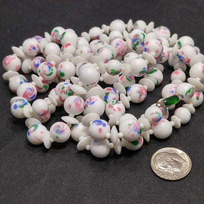 Czech Hand Painted Floral Ceramic Beaded Necklace, 48 Inches, 1930s Vintage Jewelry