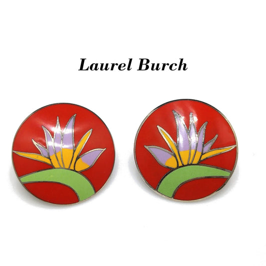 Vintage Laurel Burch Bird of Paradise Post Earrings, Rhodium Plated