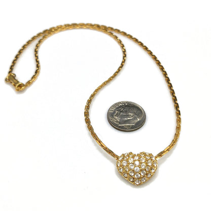 Swarovski Swan Logo Heart Necklace, Pavé Rhinestones, Gold Plated, 1990s Vintage