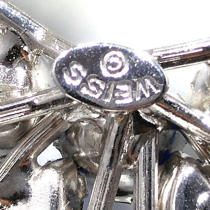 Weiss Blue Rhinestone Bow Brooch, Rhodium Plated, 1960s Vintage Jewelry