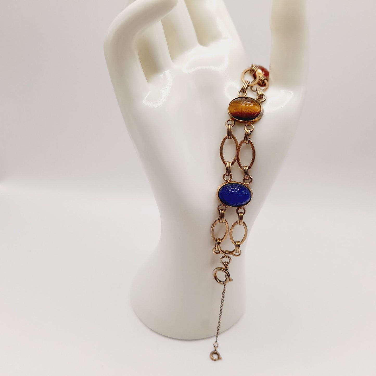 Vintage Scarab Four Gemstone Gold Tone Two Strand Bracelet, Egyptian Beetle Bug