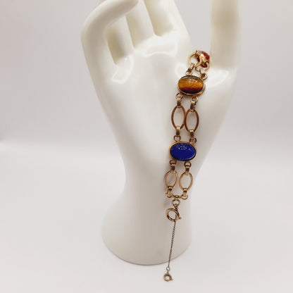 Vintage Scarab Four Gemstone Gold Tone Two Strand Bracelet, Egyptian Beetle Bug