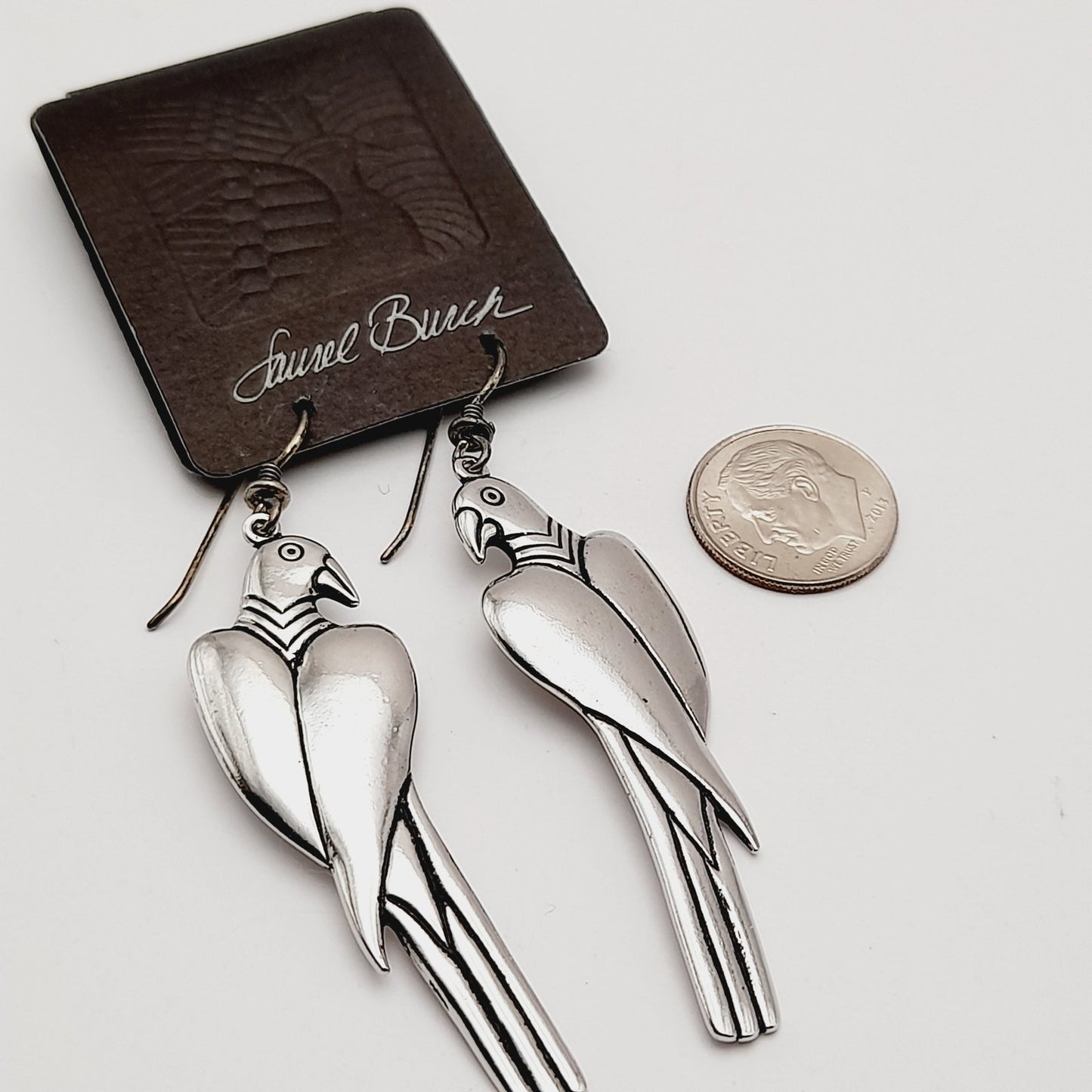 Vintage 1988 Laurel Burch Parrot Earrings – Original Card – Silver Tone Dangle Jewelry