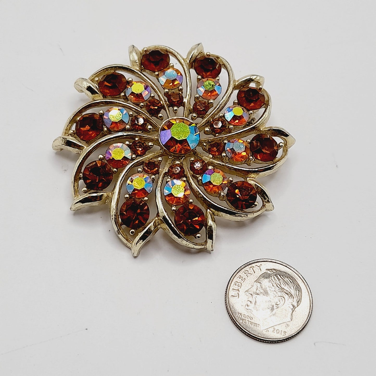 Vintage Topaz AB Rhinestone Flower Brooch Gold Plated 2 Inch Unsigned