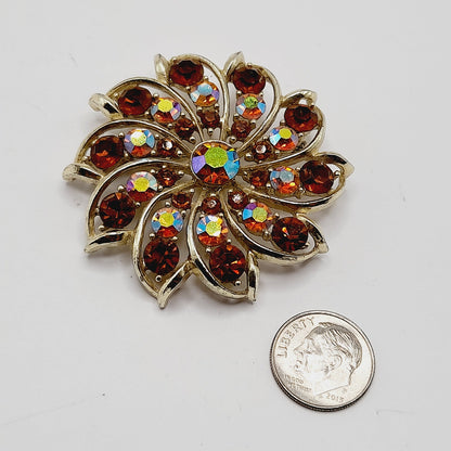 Vintage Topaz AB Rhinestone Flower Brooch Gold Plated 2 Inch Unsigned