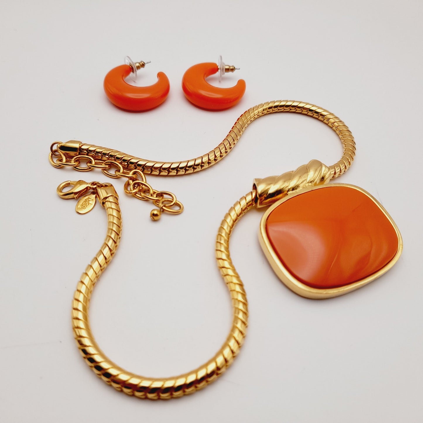 Vintage Joan Rivers Enamel Pendant Necklace & Hoop Earrings Set – Orange Lucite, 1990s Statement Jewelry