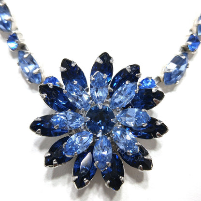 Kramer of New York Blue Rhinestone Floral Pendant Choker Necklace, 1950s Vintage Jewelry