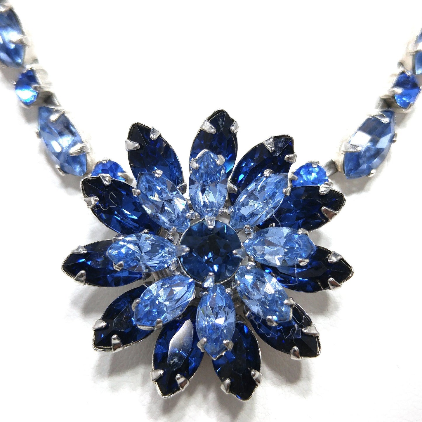 Vintage Kramer of New York Blue Rhinestone Flower Choker Necklace 1950s