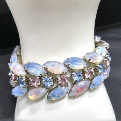 Vintage Kramer of NY Pastel Rhinestone Bracelet, Pink Blue Faux Opal, 1960s