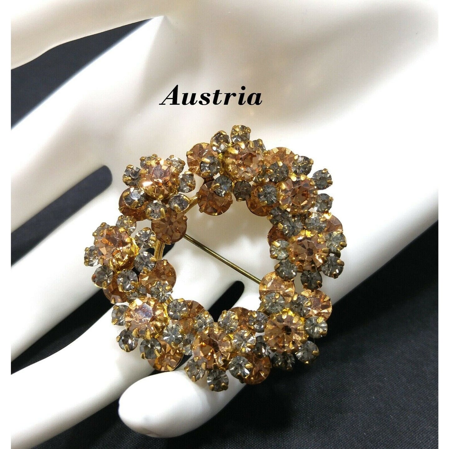 Austria Crystal Topaz Gray Rhinestone Wreath Brooch, 1950s Vintage Jewelry