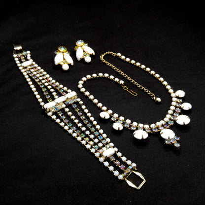 Vintage Milk Glass Jewelry Set, Necklace Bracelet Clip Earrings, Aurora Borealis, 1960s Vintage Jewelry