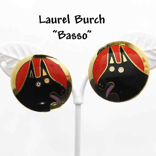 Laurel Burch BASSO Dog Earrings, Gold Plated, 1980s Vintage Jewelry