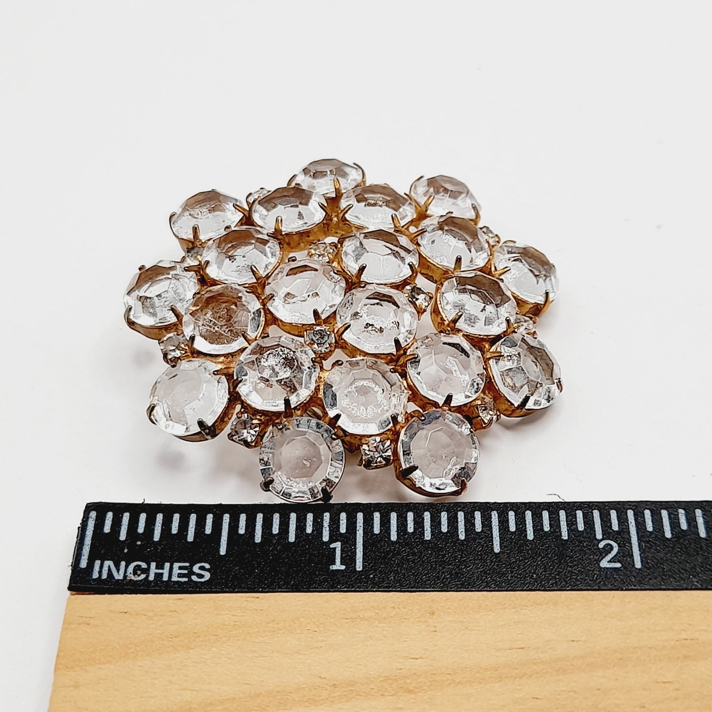 Vintage Clear Crystal Bezel Set Brooch Gold Tone Prong Setting Pin – 2”