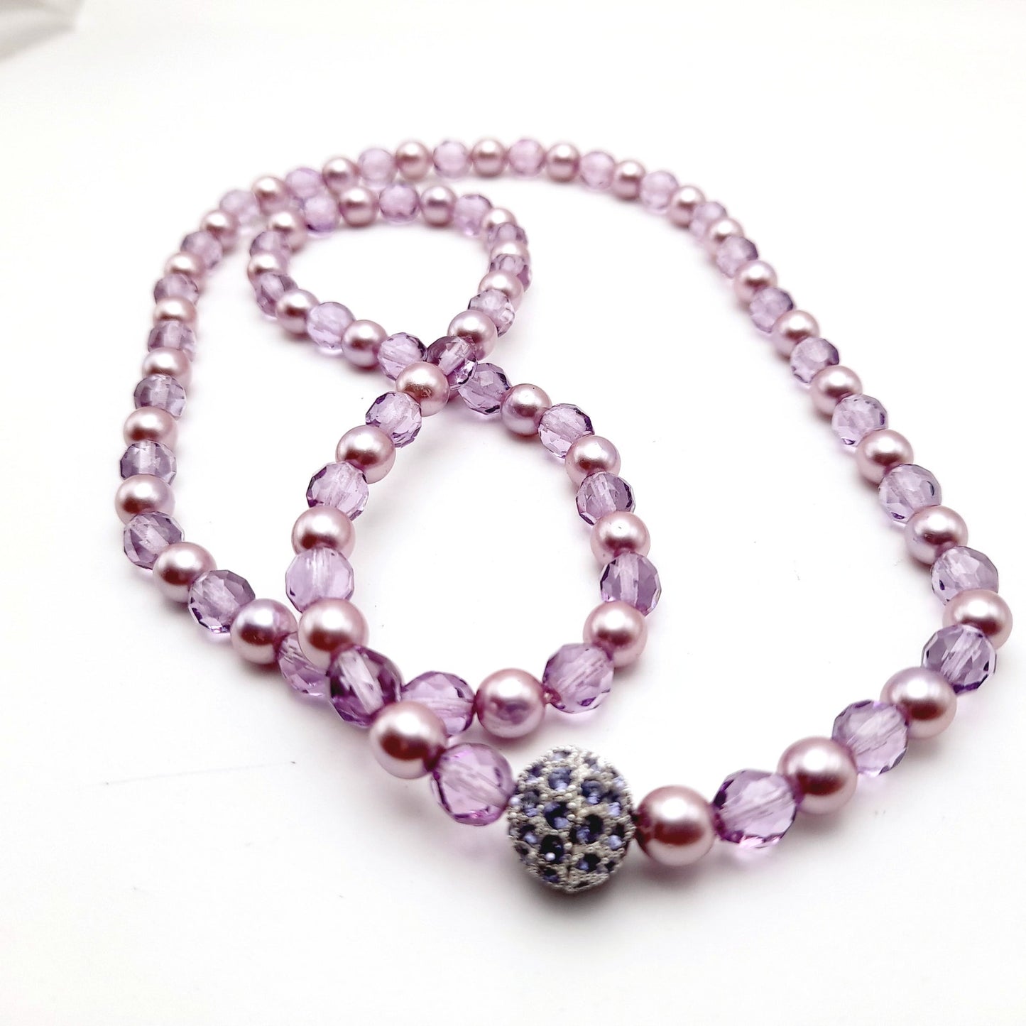Vintage Joan Rivers Lavender Glass Pearls Crystal Beaded Necklace, Rhinestone Screw Clasp
