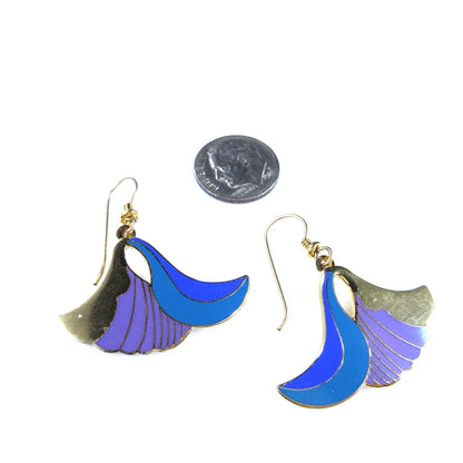 Laurel Burch "Egyptian Flower" Dangle Earrings, Gold Plated Cloisonne, Enamel Teal Purple, 1980s Vintage Jewelry