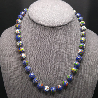 Cloisonne Blue Beaded Necklace, Floral Hand Painted Beads, 1960s Vintage Jewelry