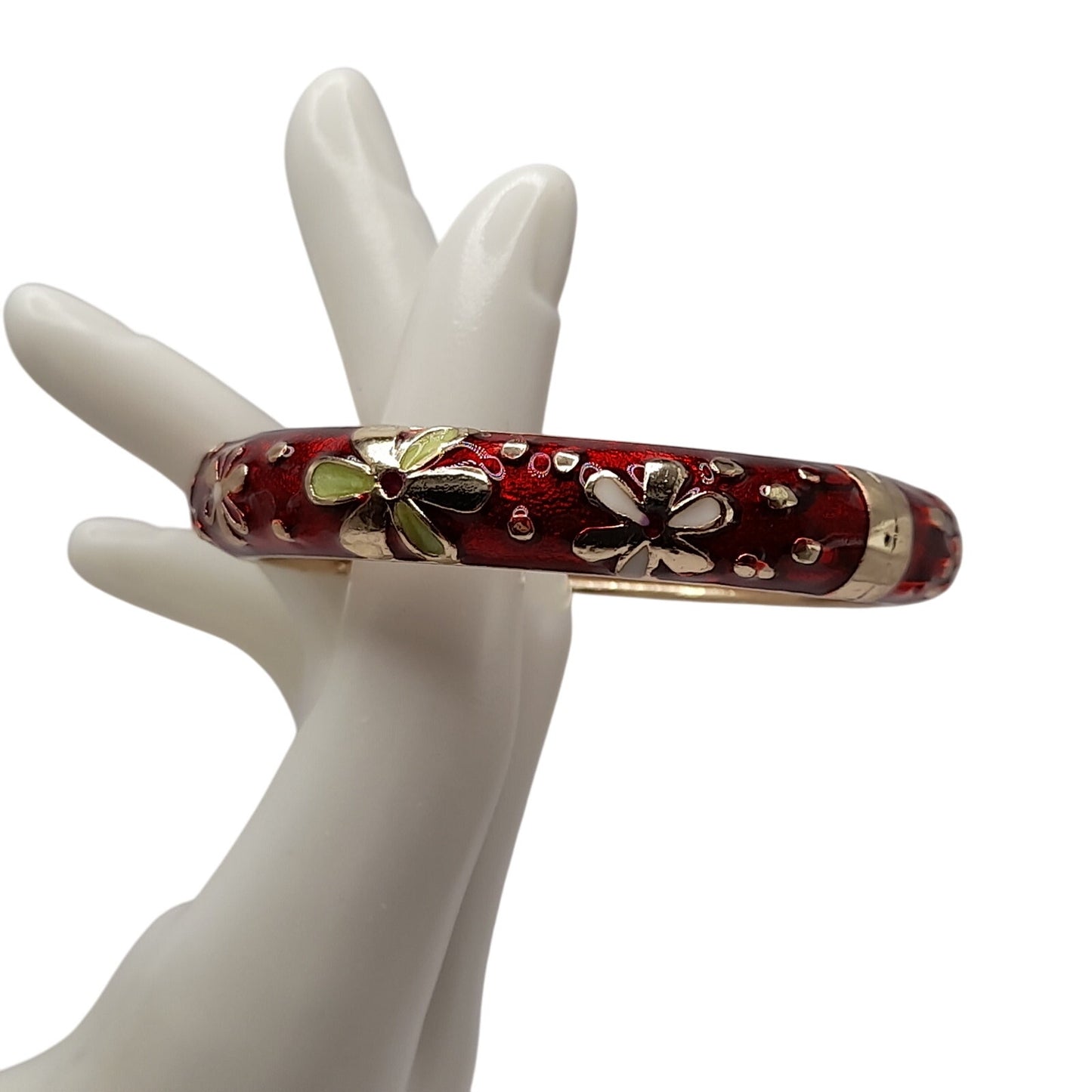Vintage Jiu Long Xing Cloisonné Bangle Bracelet – Red Enamel Floral Hinged Bracelet – Gold Tone Signed Jewelry 6.25"
