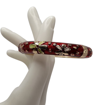 Vintage Jiu Long Xing Cloisonné Bangle Bracelet – Red Enamel Floral Hinged Bracelet – Gold Tone Signed Jewelry 6.25"
