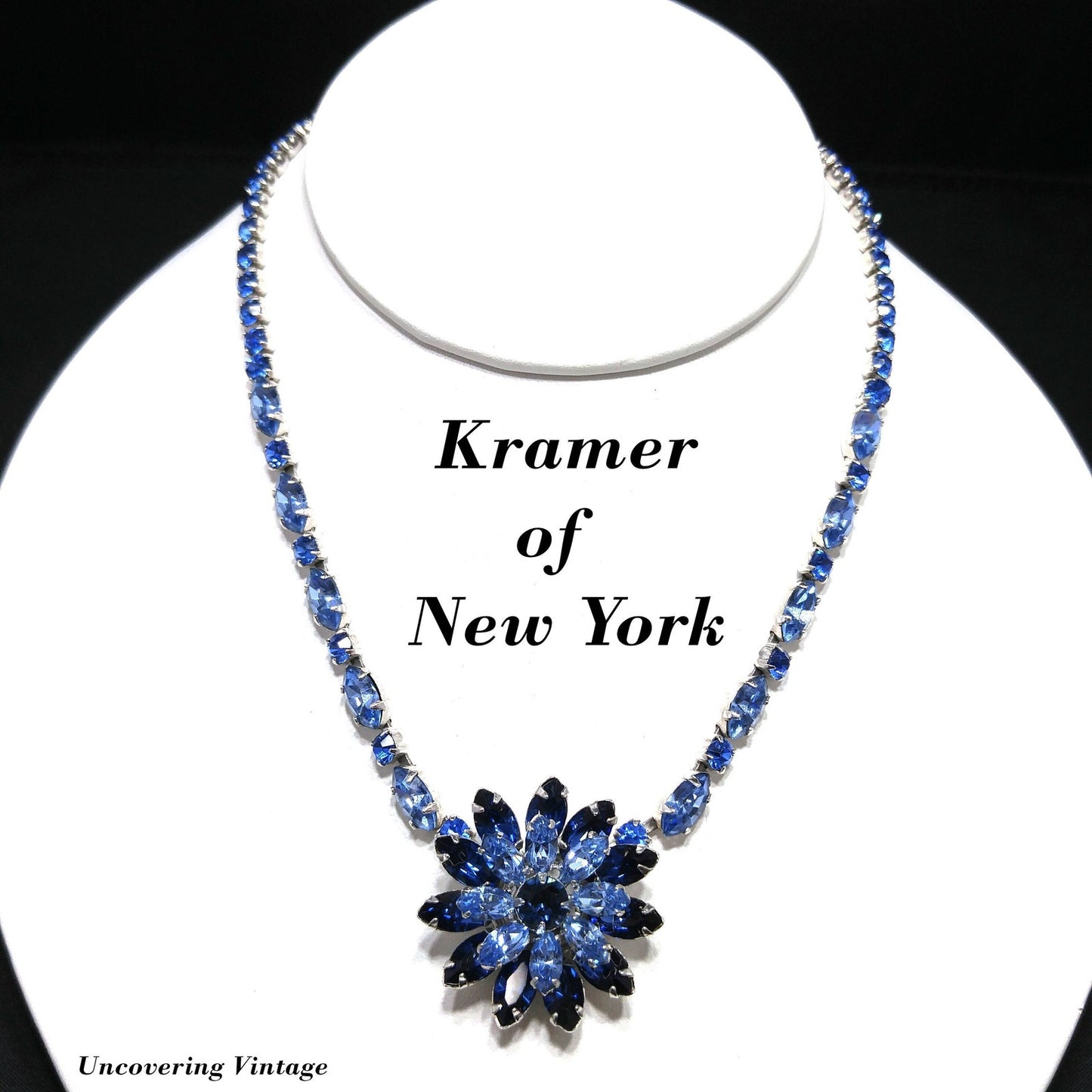 Vintage Kramer of New York Blue Rhinestone Flower Choker Necklace 1950s