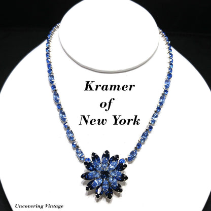 Vintage Kramer of New York Blue Rhinestone Flower Choker Necklace 1950s
