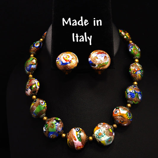 Italian Millefiori Venetian Glass Necklace & Earrings, Aventurine Glitter Beads