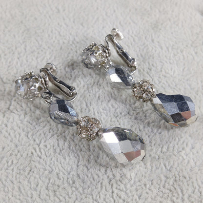 Vendome Silver Crystal Beaded Clip Earrings, Dangle Drop 2", 1960s Vintage Jewelry